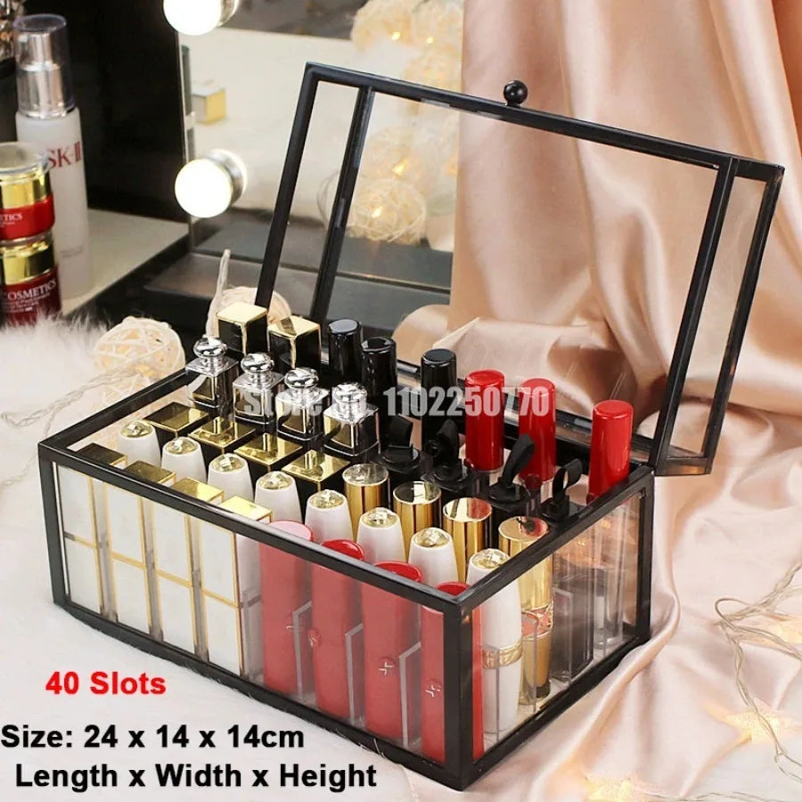 15/24/40 Slots Glass Lipstick Holder Dustproof Display Case Beauty Storage Box Luxury Makeup Organizer with Removable Dividers