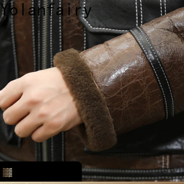 YOLANFAIRY Genuine Sheepskin Jacket Mens Real Fur Coat Winter Clothes Cropped Leather Jacket Men Wool Jacket Men Бомбер 2024