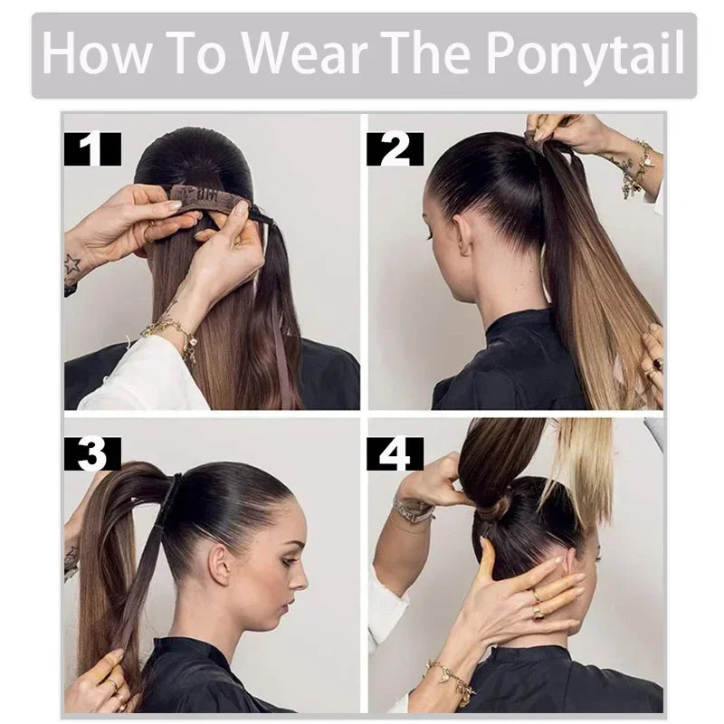 Long Straight Clip in Ponytail Extensions for Women Natural Synthetic Wrap Around Ponytail False Hair Black Straight Horse Tail