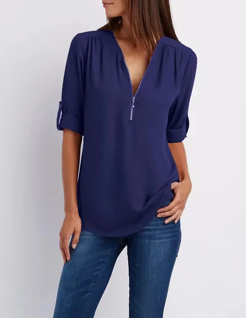 2024 Hot Sale Women Cool Loose Shirt Deep V Neck Chiffon Fashion Blouse Casual Ladies Tops Sexy Zipper Pullover Plus Size