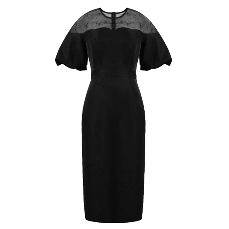 Work Style Formal Occasion Dress Women Clothes Commute Elegant Office Retro Sheer Sexy O-Neck Puff Sleeve Midi Pencil Vestidos