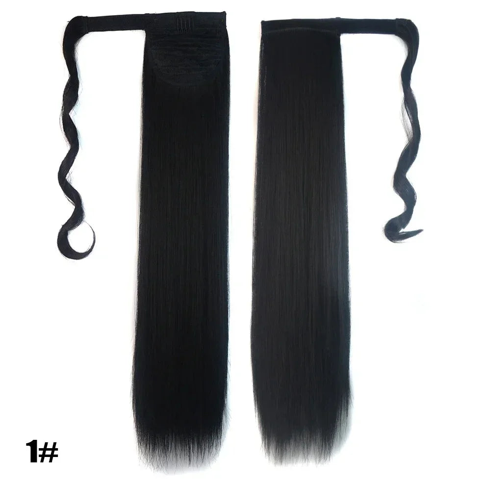 Long Straight Clip in Ponytail Extensions for Women Natural Synthetic Wrap Around Ponytail False Hair Black Straight Horse Tail