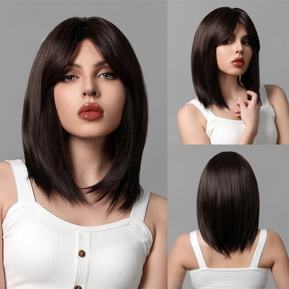 EASIHAIR Fashion Brown Blonde Highlight Synthetic Wigs Straight Hair with Bangs for Women Cosplay Daily Heat Resistant  Bob wig