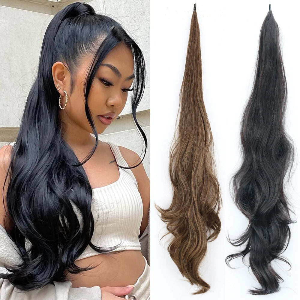 30Inch Synthetic PonyTail Long Wavy Layered Flexible Wrap Around Fake Pony Tail Hair Extensions Natural Wave Hairpiece for Women