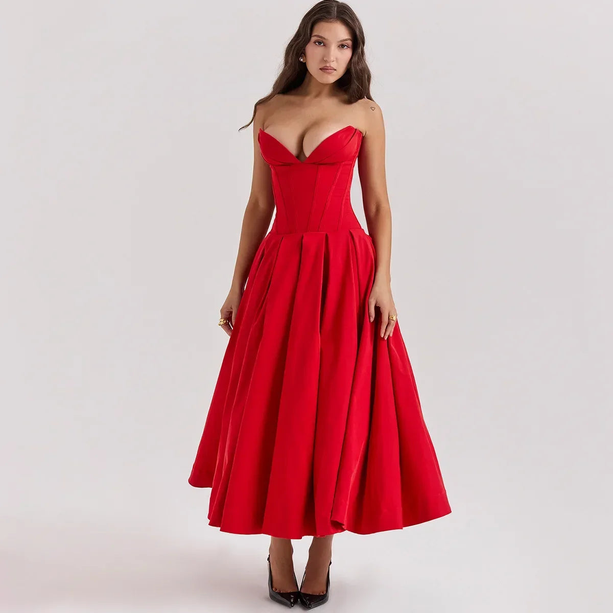 Suninheart Summer Formal Occasion Strapless Dress Sexy Elegant Fit and Flare Birthday Party Dresses Red Women's Clothing