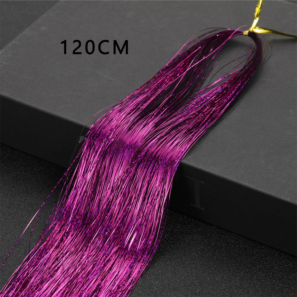 Sparkle Shiny Hair Tinsel Rainbow Silk Hair Extensions Dazzles Women Hippie for Braiding Headdress Long 120cm 150 Strands/bag