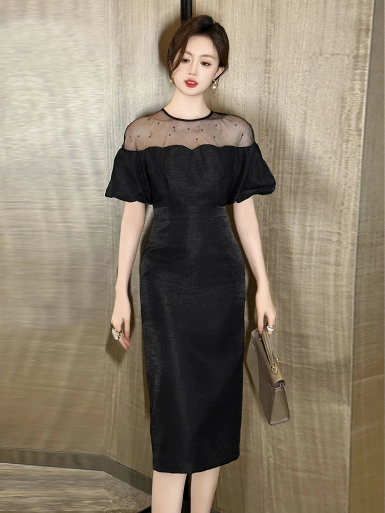 Work Style Formal Occasion Dress Women Clothes Commute Elegant Office Retro Sheer Sexy O-Neck Puff Sleeve Midi Pencil Vestidos