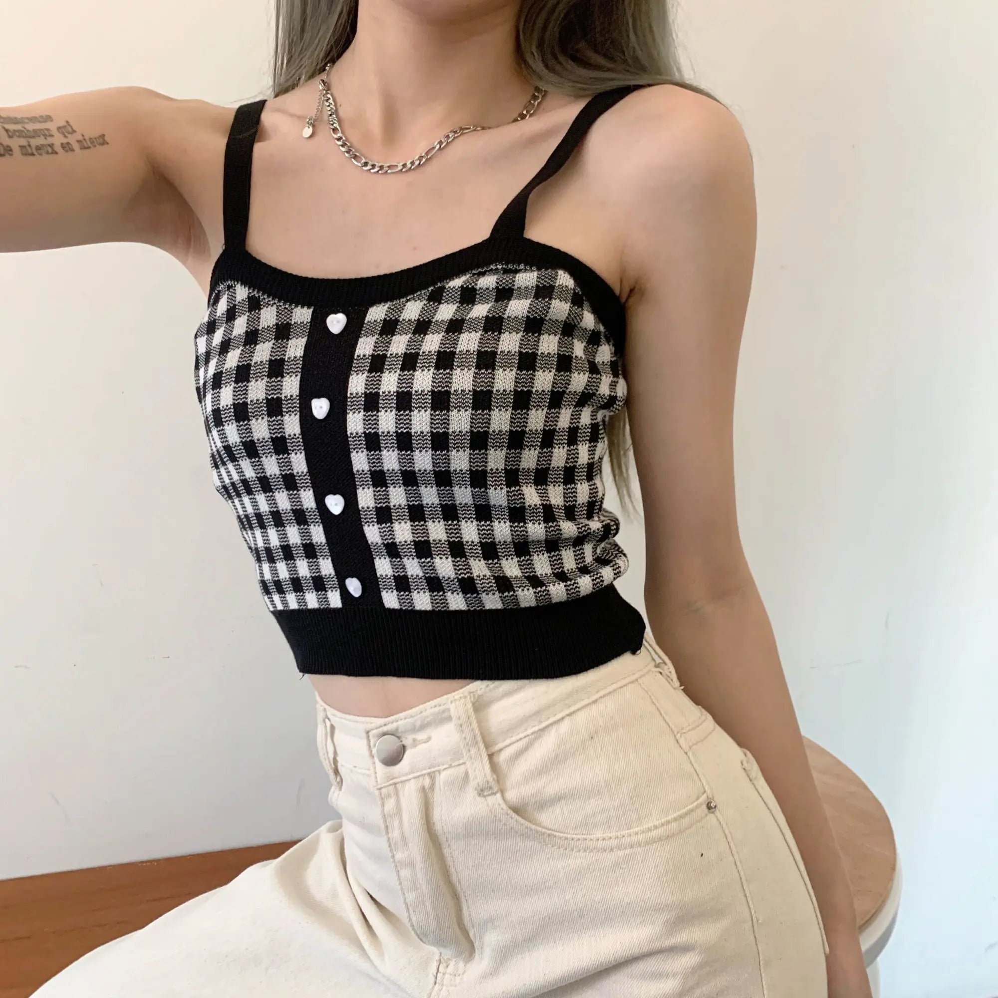 Plaid Button Tank Tops Spaghetti Strap Women Summer Fashion 2023 Y2K Cute Korean Knitted Tight Sleeveless Vest Crop Top Female