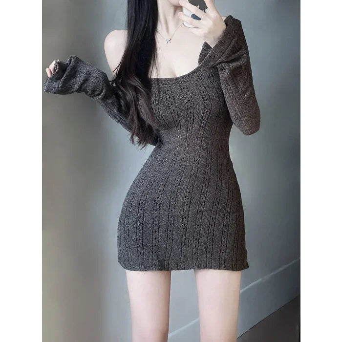 Pure Girl Square Neck Waist Long Sleeve Knitted Wrap Hip Short Dress for Women y2k formal occasion vestidos women dress