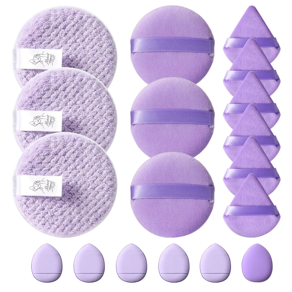 18Pcs Powder Puff Set, Puffs with 9pcs Powder Puff 3pcs Facial Sponge and 6pcs Mini Finger Puff for Face Beauty Makeup Tools