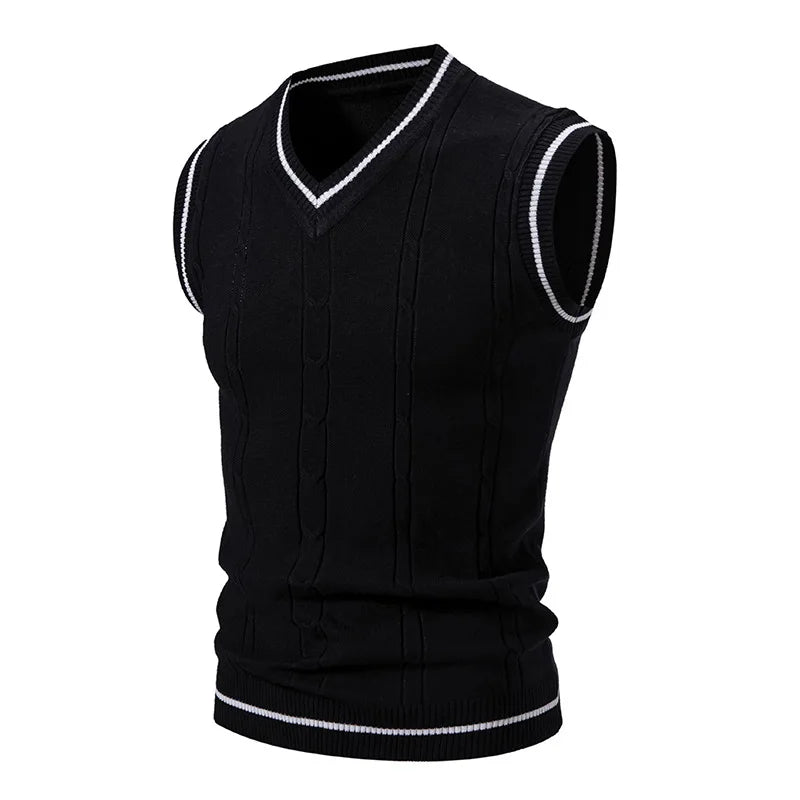 Autumn Winter Men's Knit Vests V-Neck Sleeveless Slim Fit Knitted Pullovers Men Fashion Patchwork Smart Casual Sweater Vest Man