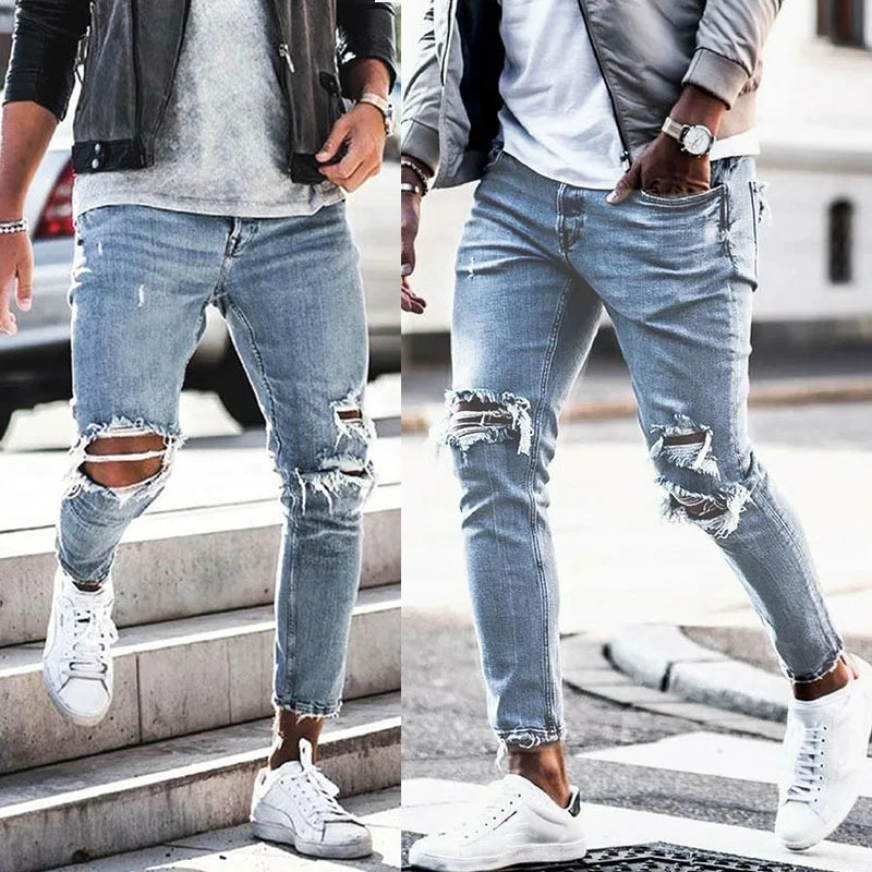 2023Hot Sale Fashion Street Style Ripped Skinny Jeans Men Vintage Solid Denim Trouser Mens Casual Slim Fit Pencil Denim Pants