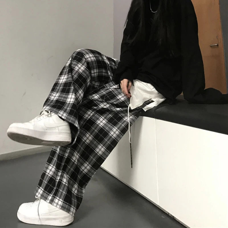 Harajuku Black White Plaid Pants Women 2024 Oversized Wide Leg Trousers Female Korean Style High Waist Checkered Pants Female