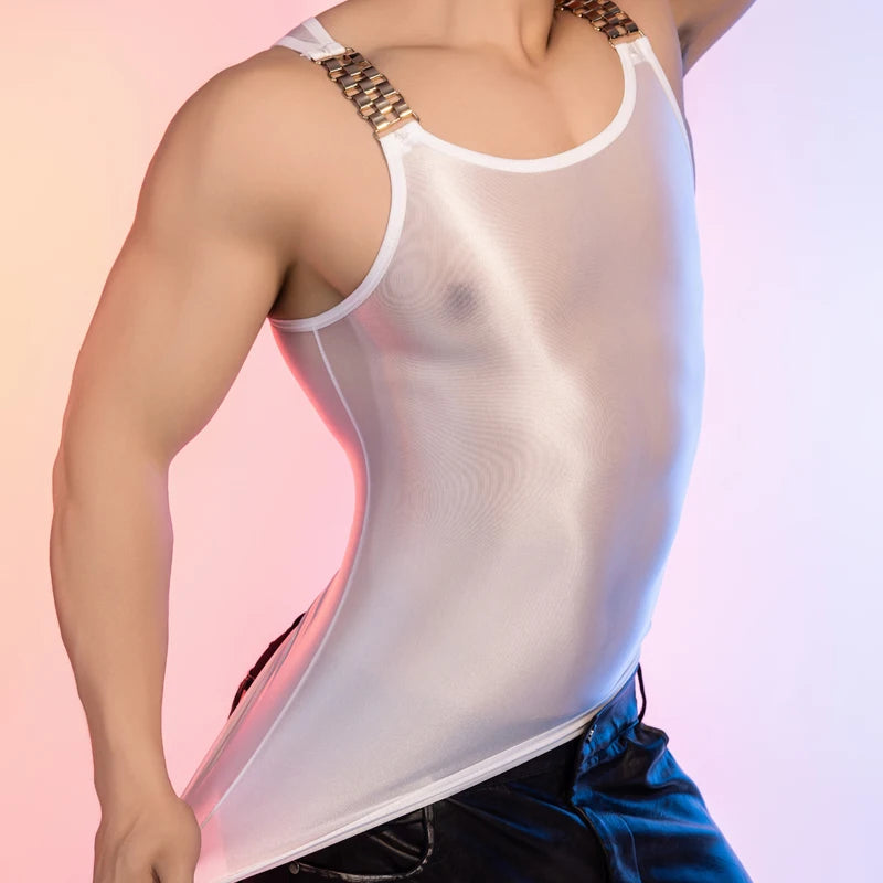 Tank Tops Sheer Transparent Oil Shiny Men's Vest Man Clothing Night Club High Elastic Sleeveless Shirt  singlet men