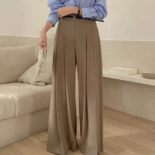 Neploe Solid Color Pants Korean Chic Minority Simple High Waist Thin Pantalon Pleated Draping Casual Straight Wide Leg Trousers