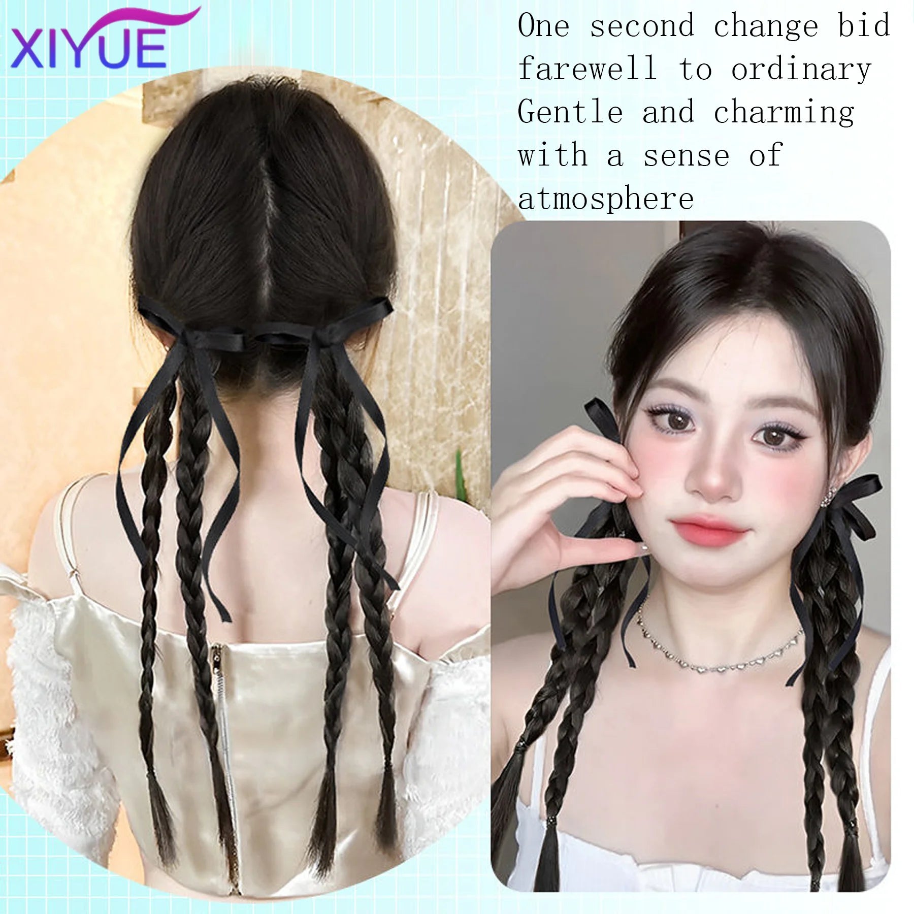 XIYUE  Synthetic Braided Twist Braids ponytail Hair Extension Black Natural Wig Long Ponytail Hair Band Rubber Band Women's Wig