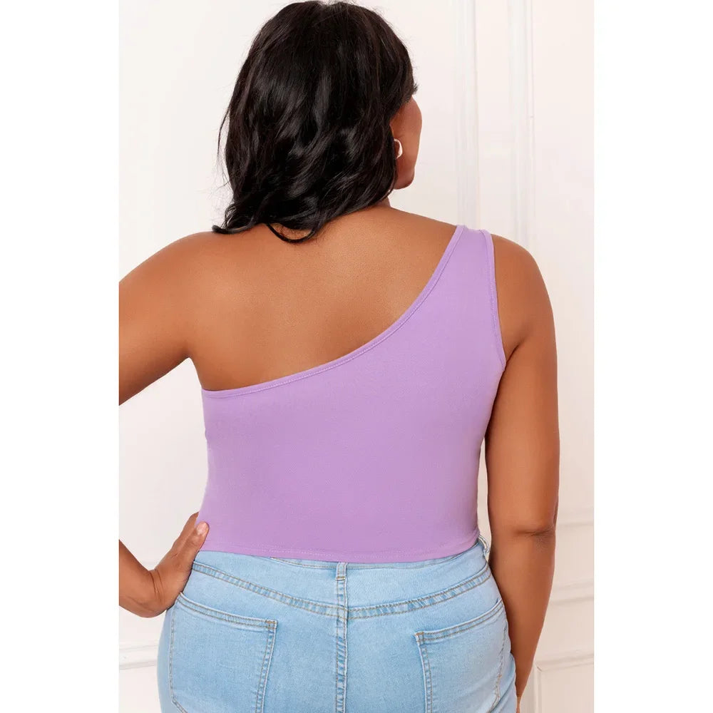 Plus Size Purple Casual One Shoulder Sleeveless Tank Top