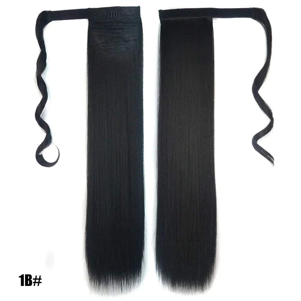 Long Straight Clip in Ponytail Extensions for Women Natural Synthetic Wrap Around Ponytail False Hair Black Straight Horse Tail