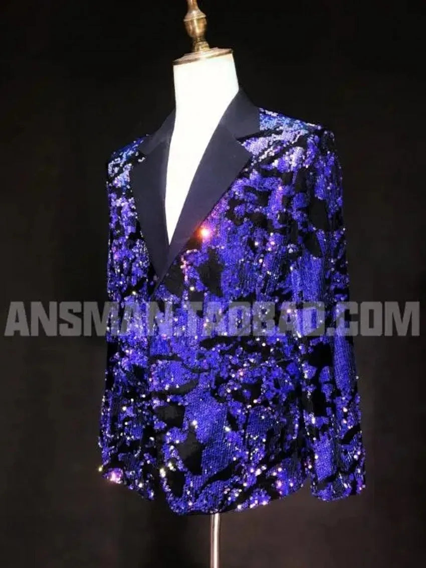 New Bar Nightclub Male Singer Jacket Dj Ds Host Blue-violet Colorful Sequins Slim Suit Stage Costume Fashion Slim Blazer Men 5xl