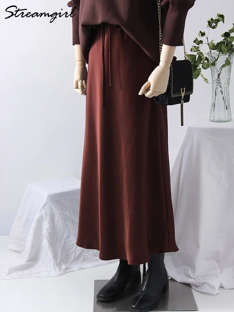 Long Black Satin Skirts For Women 2024 Autumn Winter Maxi Brown Burgundy Skirts Ladies Green Lace Up Women Satin Silk Skirt