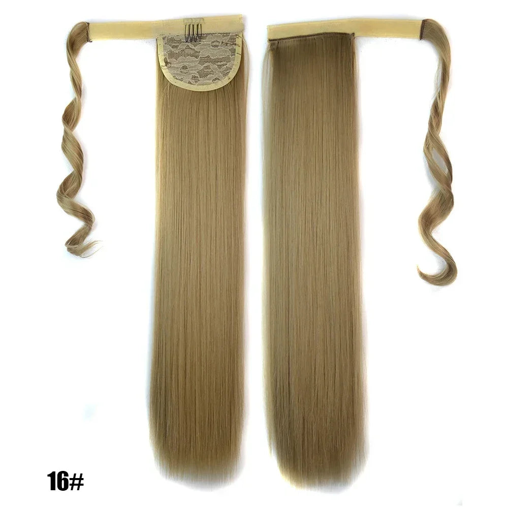 Long Straight Clip in Ponytail Extensions for Women Natural Synthetic Wrap Around Ponytail False Hair Black Straight Horse Tail