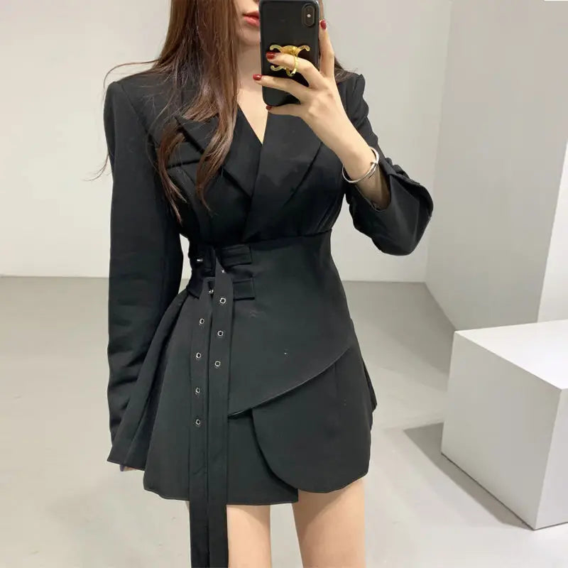 Fashion Design Lace-up Blazer For Women Spring Korean Style Turn-down Collar Long Sleeve Irregular Suit Jacket Female Loose Coat