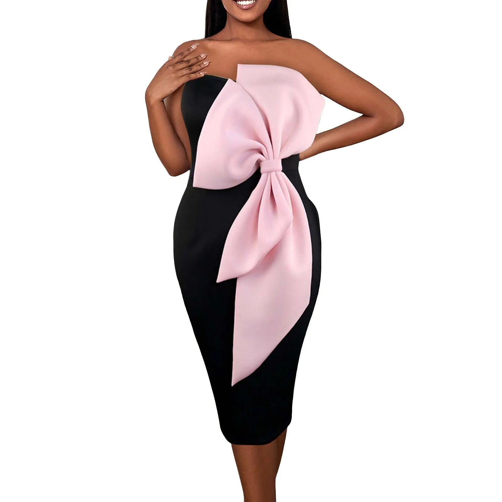 Party Formal Dresses Women Tube Top Black Pink Big Bow Patchwork Bodycon High Waist Evening Club Event Midi Gown Plus Size