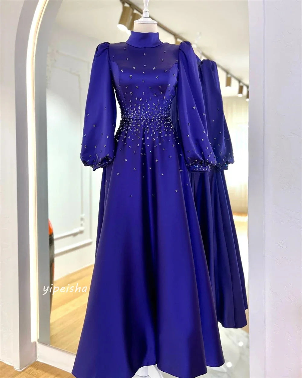 Customized Prom Formal High Collar A-line Beading Draped Ankle-Length Satin Sequined Ruched Saudi Arabia Occasion Dress Evening