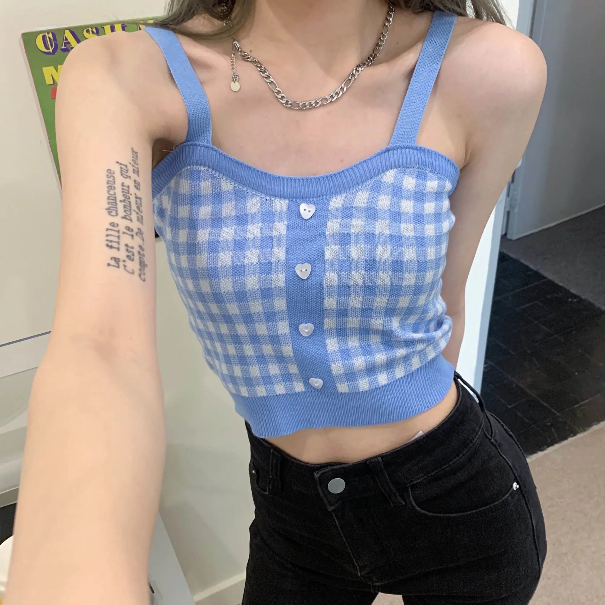 Plaid Button Tank Tops Spaghetti Strap Women Summer Fashion 2023 Y2K Cute Korean Knitted Tight Sleeveless Vest Crop Top Female