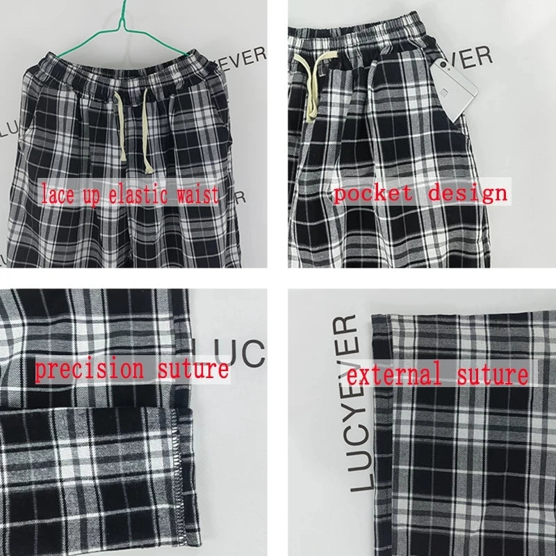 Harajuku Black White Plaid Pants Women 2024 Oversized Wide Leg Trousers Female Korean Style High Waist Checkered Pants Female