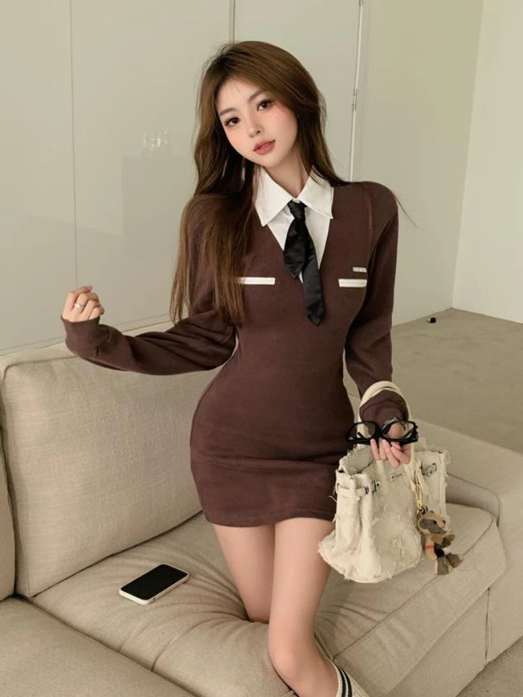 Elegant Patchwork Knitted Mini Dress Women Winter Sexy Chic Long Sleeve Dress Vintage Casual Office Lady Occasion Formal Dress