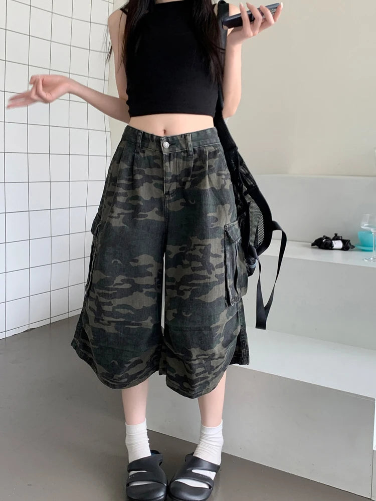 Fashion Women Camouflage Mid Shorts High Waist Camo Multipocket Baggy Jeans Shorts Femme Party Cool Loose Wide Leg Cargo Shorts