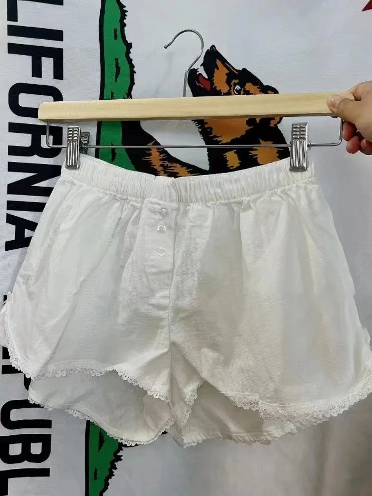 Lace Patchwork Stripes Shorts Women Cotton Buttons Elastic High Waist Casual Straight Short Pants Sweet Bow Summer Sweatshorts