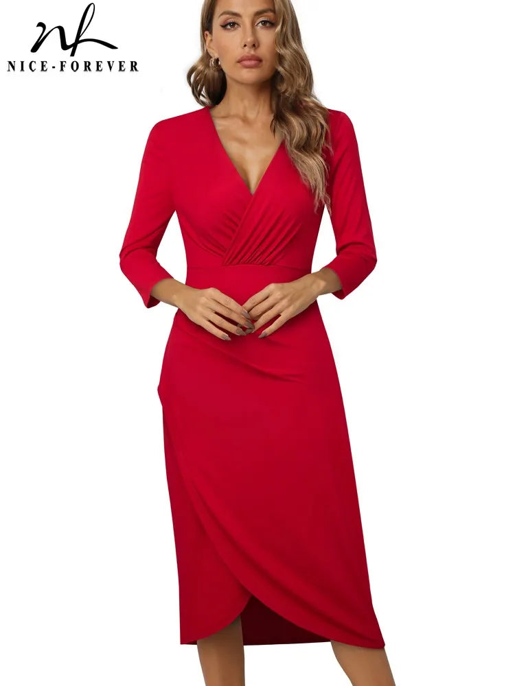 Nice-Forever Autumn Women Chic Low Cut Plain Wrap Dresses Formal Occasion Elegant Bodycon Dress B750