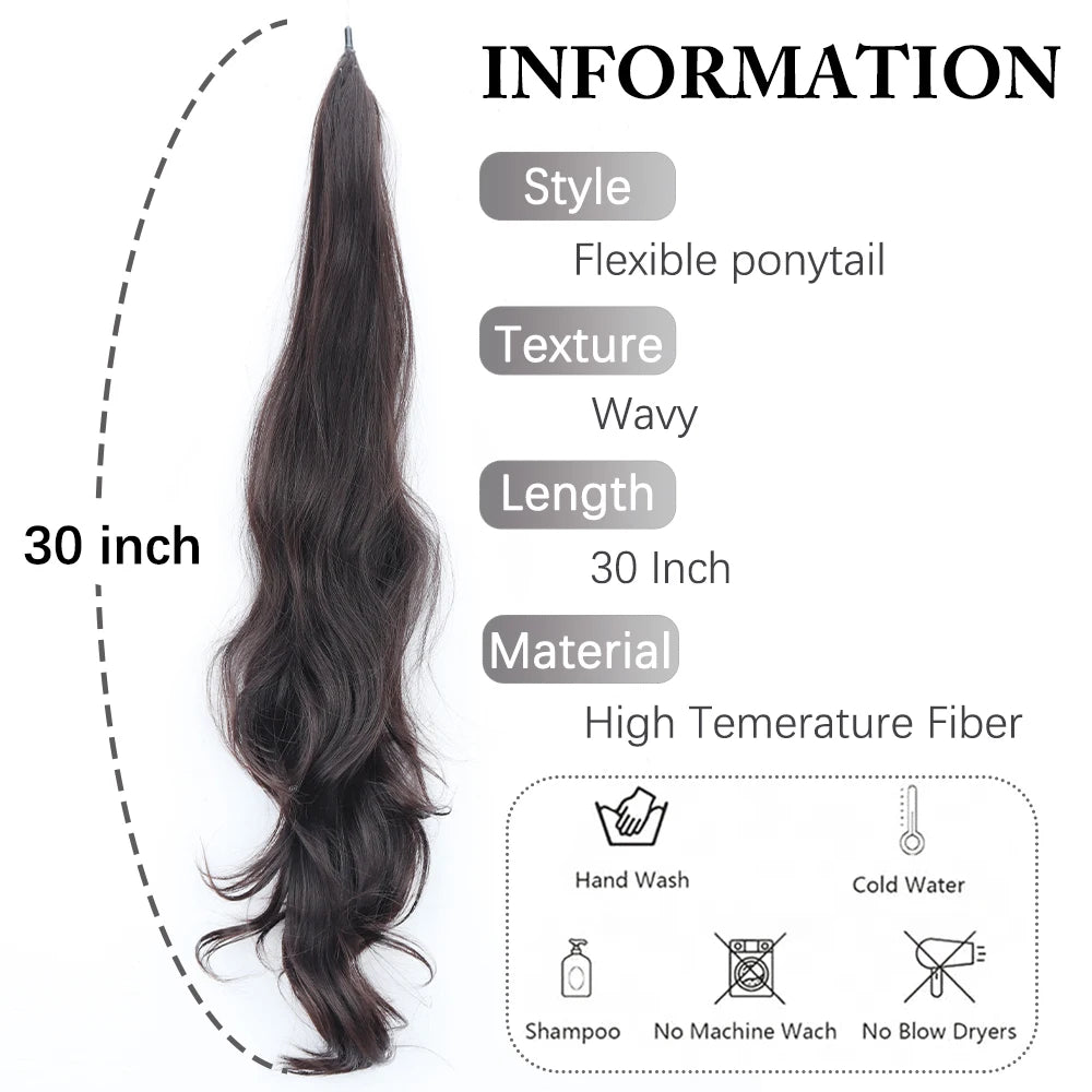 30Inch Synthetic PonyTail Long Wavy Layered Flexible Wrap Around Fake Pony Tail Hair Extensions Natural Wave Hairpiece for Women