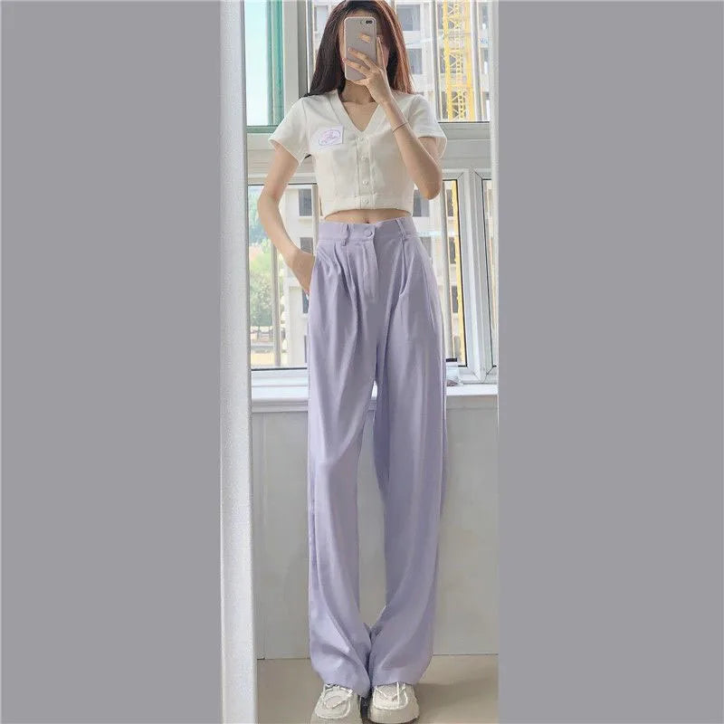 Lucyever Spring Autumn Women's Wide Leg Pants Loose High Waist Casual Trousers Woman Korean Style Solid Office Straight Pants