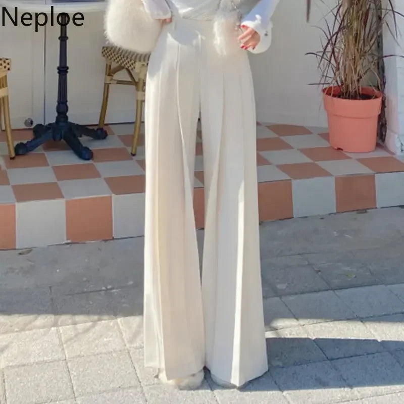 Neploe Solid Color Pants Korean Chic Minority Simple High Waist Thin Pantalon Pleated Draping Casual Straight Wide Leg Trousers