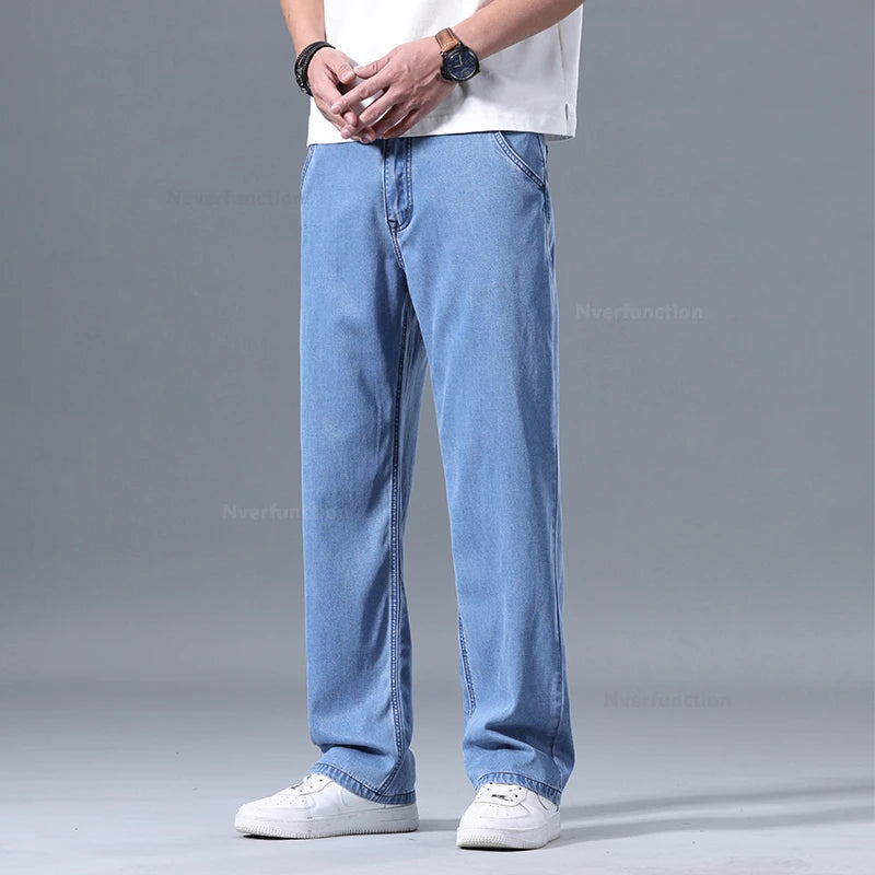 Lyocell Pants Men's 2024 Summer Clothes Ultra Thin Fashion Casual Pants Male Baggy Drape Straight Denim Trousers