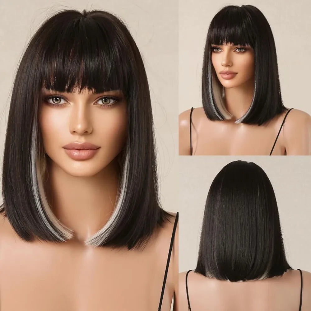 EASIHAIR Fashion Brown Blonde Highlight Synthetic Wigs Straight Hair with Bangs for Women Cosplay Daily Heat Resistant  Bob wig