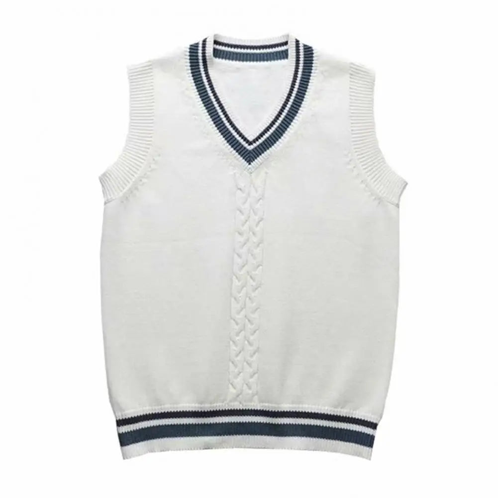 College Style Sleeveless V Neck Sweater Vest Autumn Winter Patchwork Color Twist Men Knitted Vest Daily Clothing