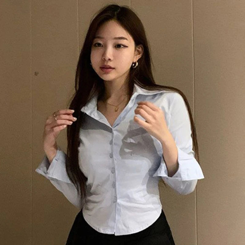 Korean White Office Women Chiffon Shirt Pocket Button Lapel Ladies Blouse Spring Commuter Long Sleeve New Female Crop Tops