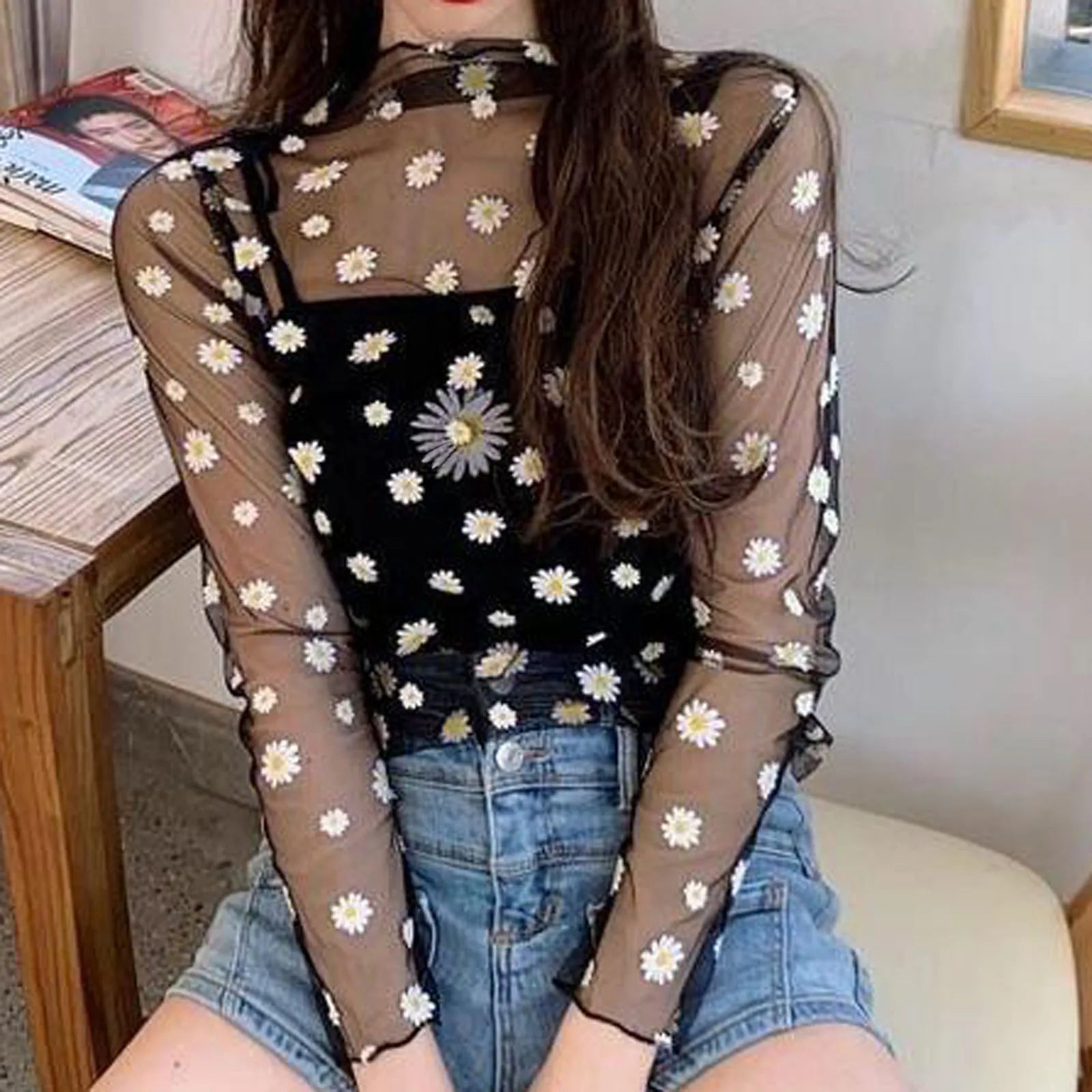 Daisy Print Perspective Blouse Shirt Casual Sesy Mesh Sunscreen Tops Casual Summer Ladies Female Long Sleeve Women Blusas Пиджак