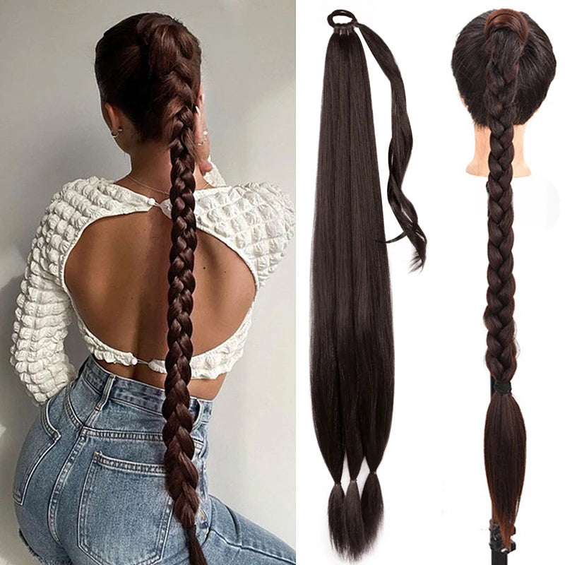 26/34inch Synthetic Long Braided Ponytail Hair Extensions Synthetic Boxing Braids Wrap Around Chignon Tail With Rubber Band