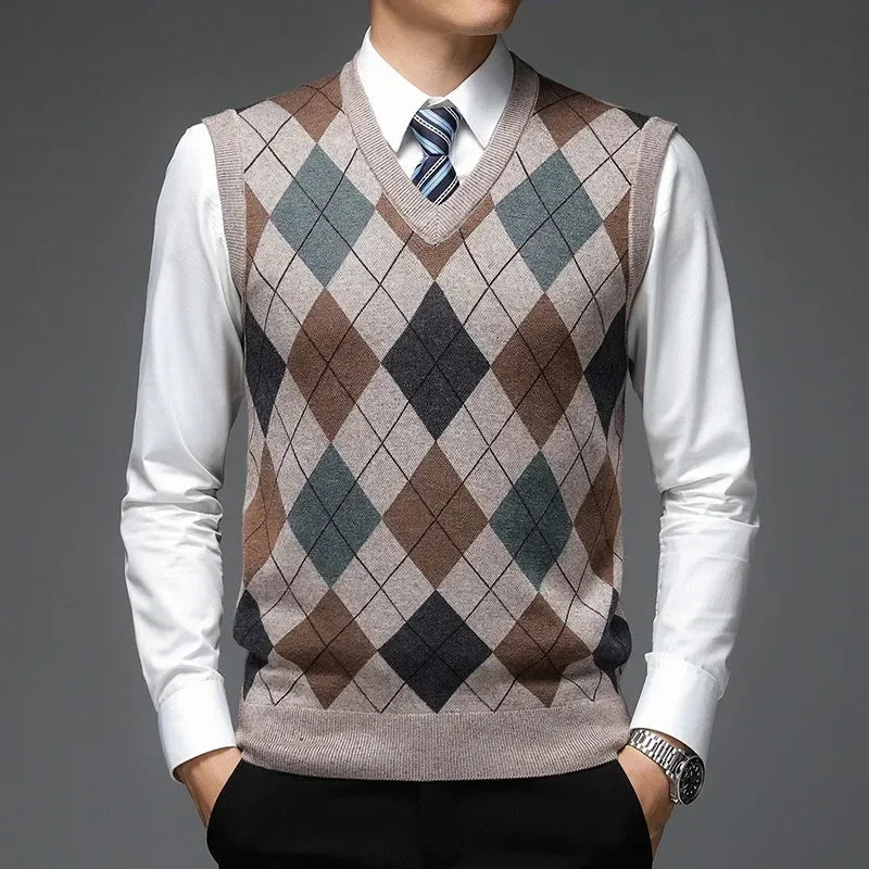 5 Colors!2023 Men's Autumn and Winter V-neck with Wool Vest Sleeveless Knit Sweater Checker Printing Vest Sweaters