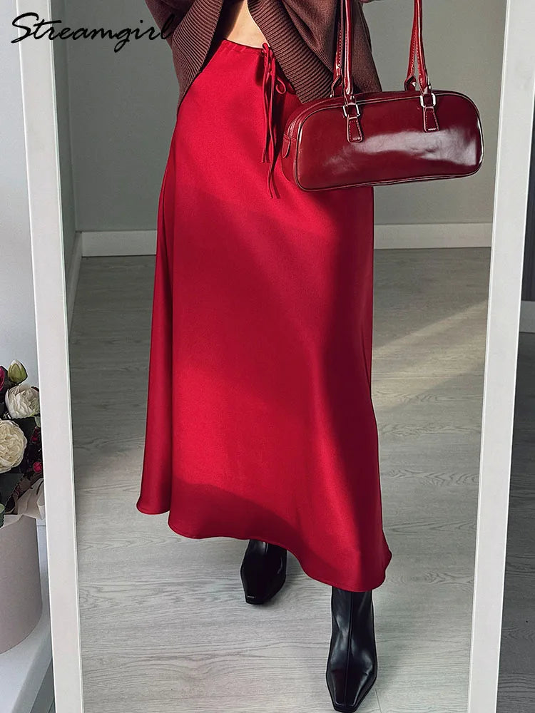 Long Black Satin Skirts For Women 2024 Autumn Winter Maxi Brown Burgundy Skirts Ladies Green Lace Up Women Satin Silk Skirt