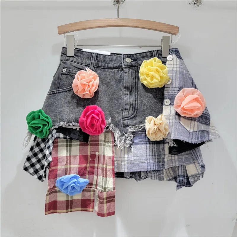 DEAT Women's Denim Skirt Colored Plaid Patchwork Irregular Deconstructed A-line High Waist Mini Skirt 2024 Autumn New Fashion