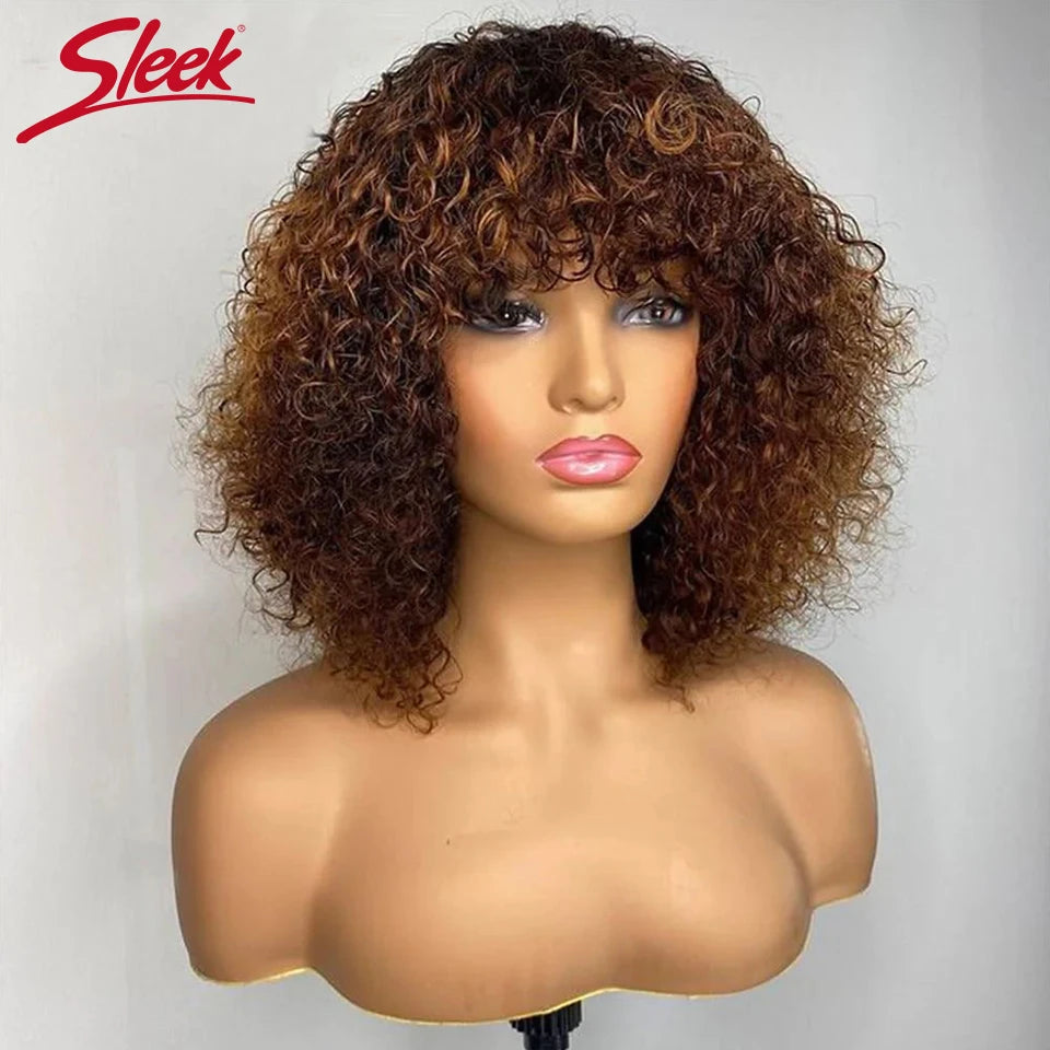 Short Pixie Bob Cut Human Hair Wigs With Bangs Jerry Curly Full Machine Wig Highlight Honey Blonde Colored Wigs For Women