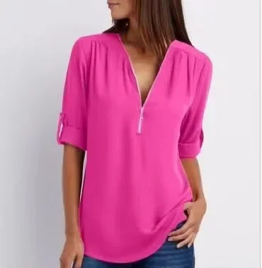 2024 Hot Sale Women Cool Loose Shirt Deep V Neck Chiffon Fashion Blouse Casual Ladies Tops Sexy Zipper Pullover Plus Size