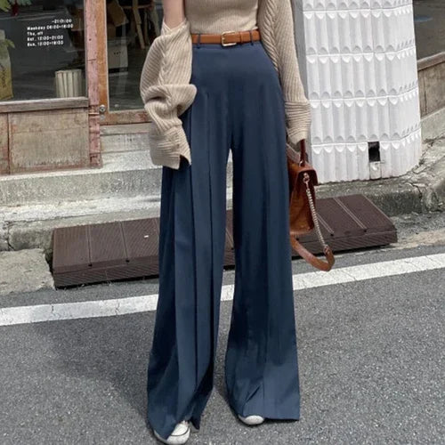 Neploe Solid Color Pants Korean Chic Minority Simple High Waist Thin Pantalon Pleated Draping Casual Straight Wide Leg Trousers