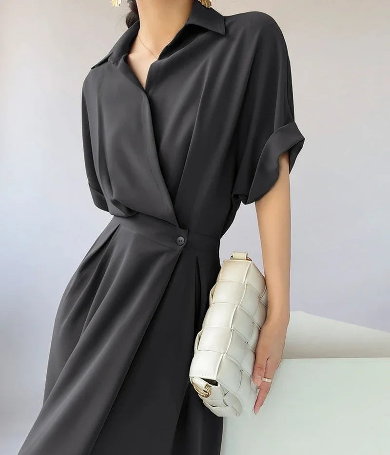 Black Silk Shirt Dresses for Women 2024 Tshirts Satin Chiffon Midi Clothes Green Woman Dress Formal Occasion Korean Style Luxury